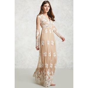 FOREVER 21 NUDE MAXI DRESS WHITE EMBROIDERED LACE